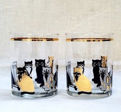 Set of Two (2) CULVER «CATS» Double Old-Fashioned Glassware 22k Gold Blk. Wht.