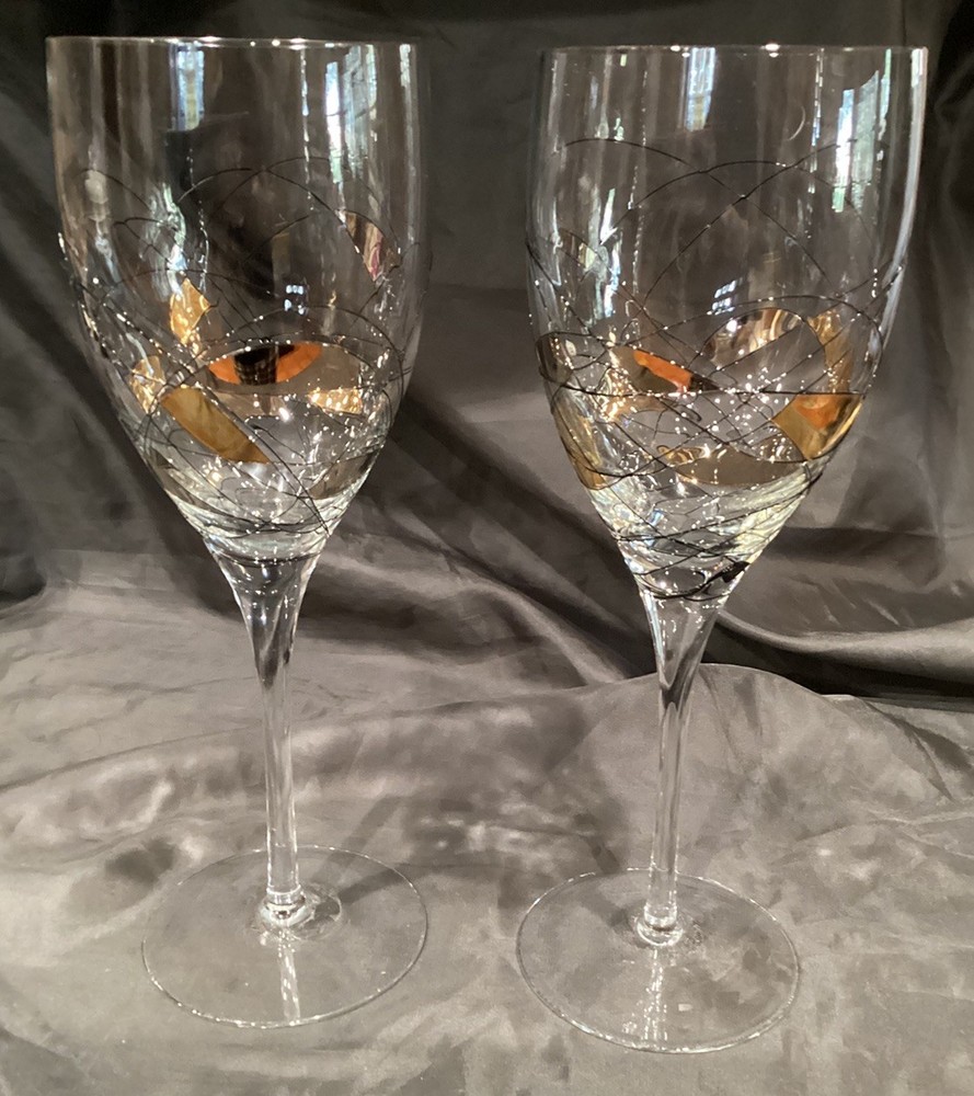 2 ROMANIA STIMAS RIBBON LA FLEUR WINE STEMS STAINED GLASS LOOK 10 1/2”T Unused