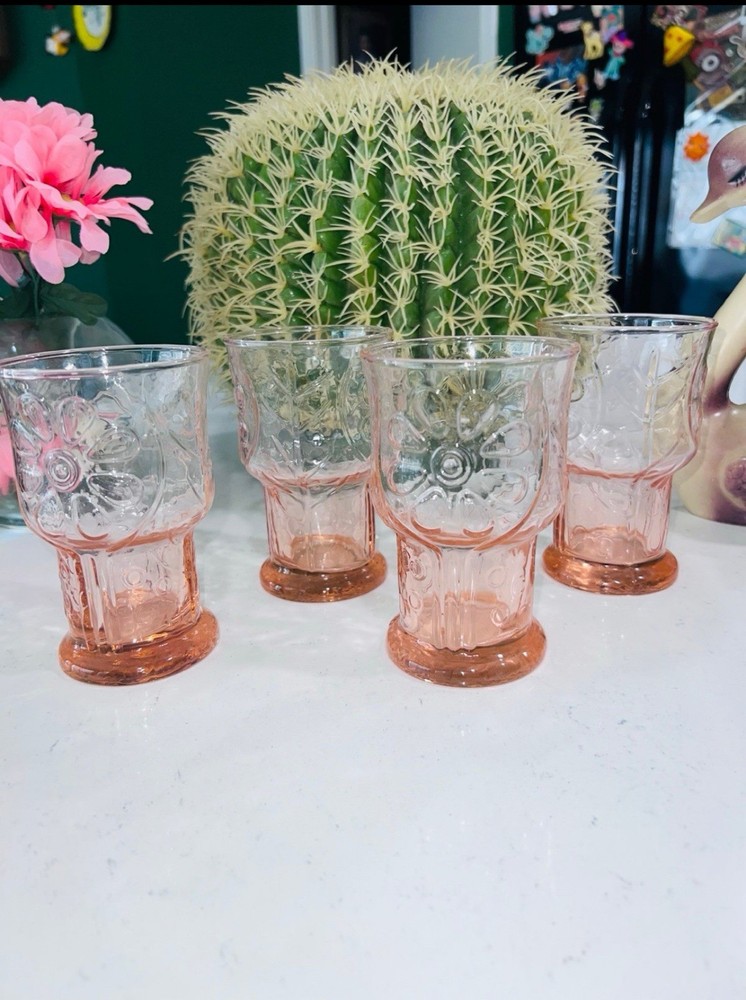 MCM COUNTRY GARDEN DAISY GLASSES SET OF 4 LIBBEY Pink 4” Glass 9oz