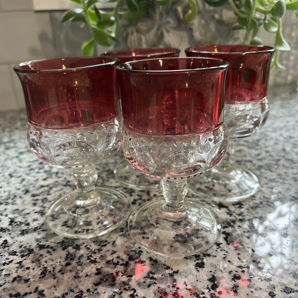 (4) VTG Indiana Glass Kings Crown Ruby Red Flash Thumbprint 2 oz Cordials 3 5/8″