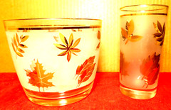 Libbey Highball~Frosted Maple Leaves Glass Ice Bucket & Matching Water Glass
