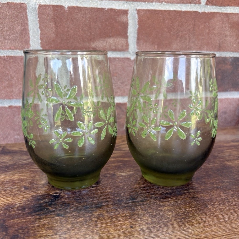 2-Piece Green & Clear Floral Glass Tumbler Set Decorative Round Tumblers