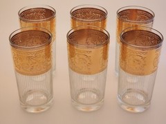 6 Vtg CULVER STARLYTE Highball Hollywood Glam Glasses w/Ornate 22K Gold Bands