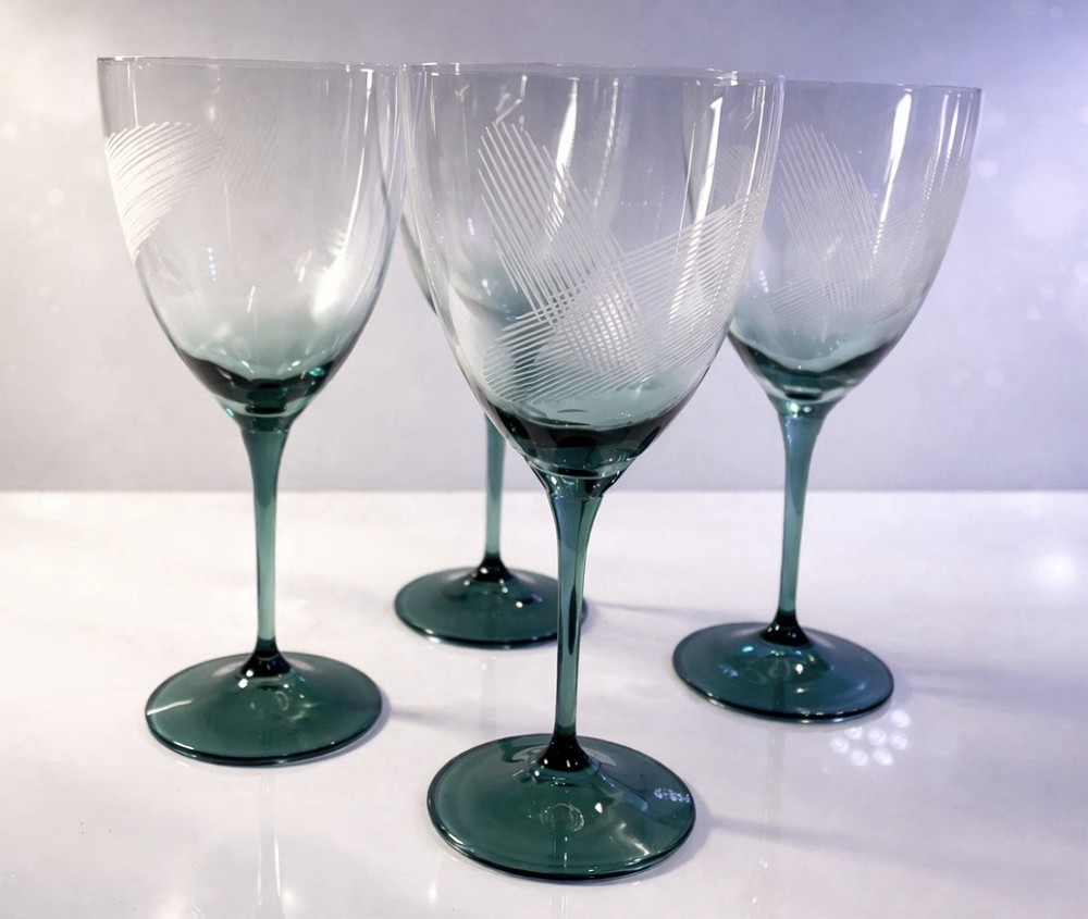 Czech Republic Aqua Wine Crystal Glasses Etched Lines Set of 4 Drinkware