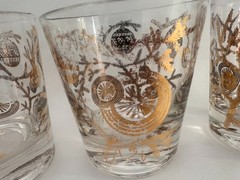 7pc Holiday Ornament Glass Set 4 Highballs 3 Tumblers Gold Brown Print