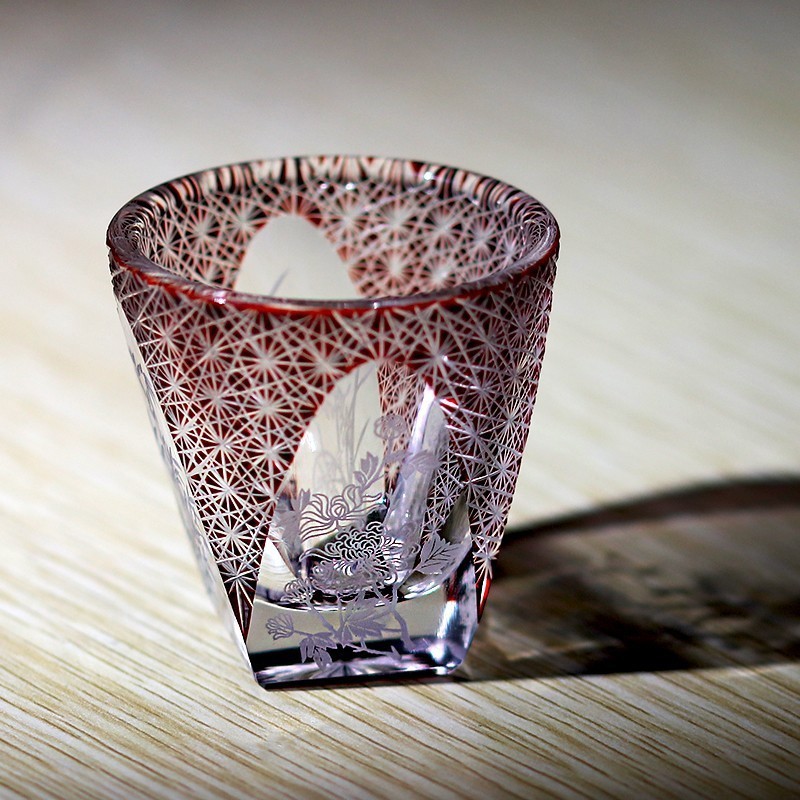 Lasering Chinese Style Hand Cut To Clear Red Sake/Shot Glass For Spirits 1oz