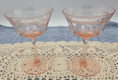 Vintage Tiffin US Glass Pink Depression Modernistic Etch Champagne Coupe Glasses