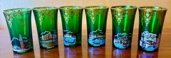 6 Venezia Italy Cordial Shot Glasses Handpainted Green Gold & Venice City Scenes
