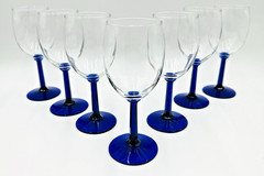 Vintage Set Of 7 Clear With Cobalt Blue Hexagonal Stem Wine Glasses 7.25″