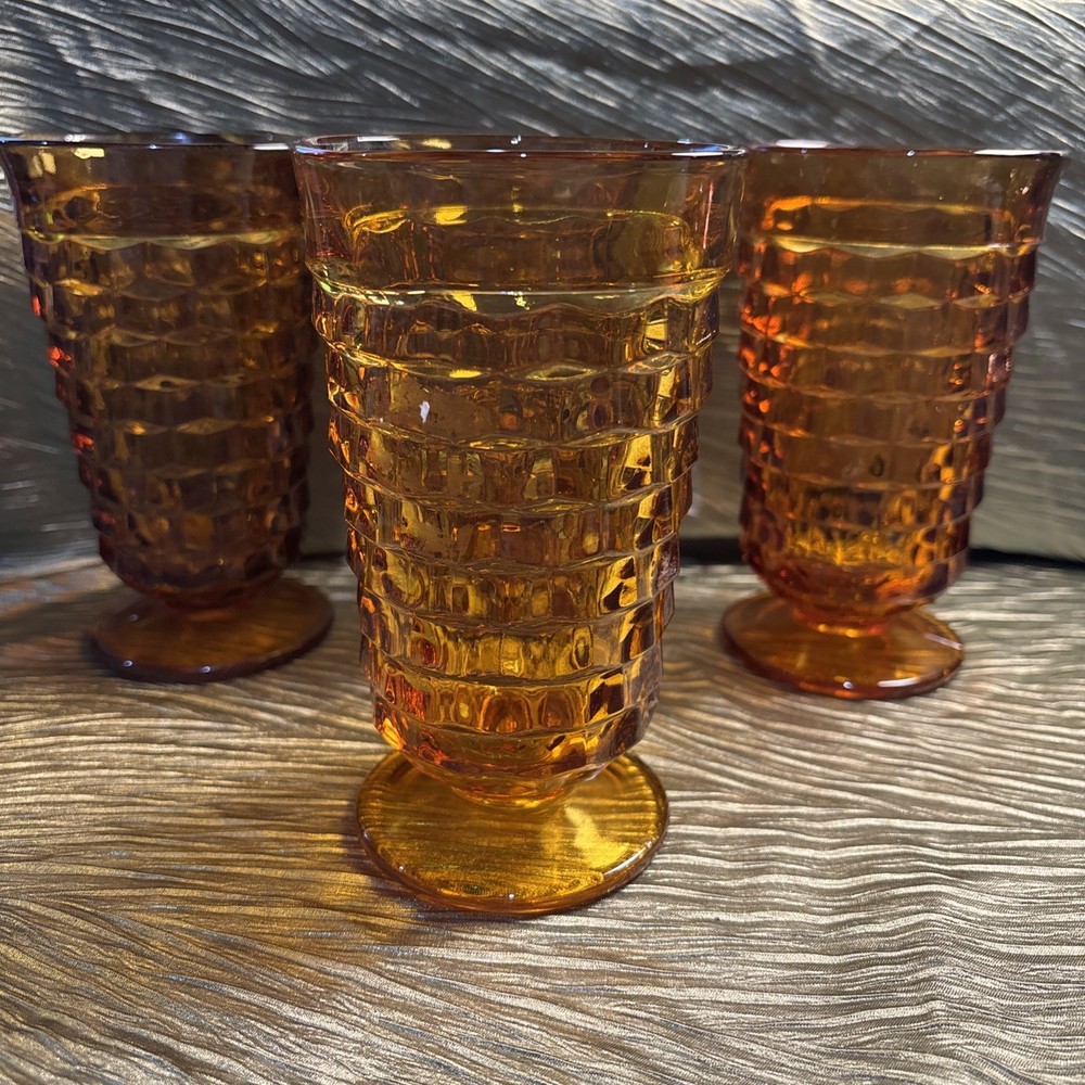 Vintage Set of 4 Indiana Glass Whitehall Cubist 6″ Tall Footed Glasses Amber
