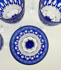 Vintage Akja Cobalt Blue Cut To Clear Tall Stem Wine Glasses Set of 10 6-3/4″