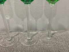 Set of 5 Green & Clear Glass Wine / Water Glasses Goblets