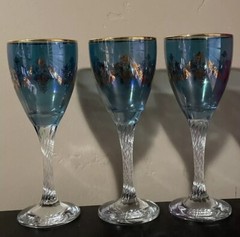 3 Iridescent Blue Gold Design & Rim Twisted Clear Stem Dessert Glasses