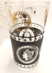 Vintage MCM Set of 6 Libbey Coins Black & Gold Glass Set W/Gold Holder