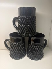(3) vintage Indiana Glass mugs featuring the Cameo Black Diamond Point pattern