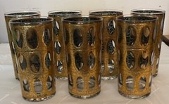 CULVER Mid 20th Century «Pisa» Crackled 22k Gold Highball Glasses – Set of 7