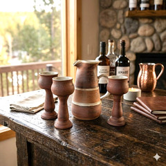 VTG 70s Studio Pottery Wine Pitcher Goblets Wood Caddy Set 5pc Grape Brutalist