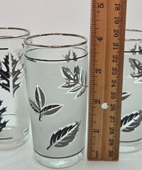 Vtg Silver Leaf Foliage Highball Glasses Metallic Rim 4″ Tall Set of 3 MCM