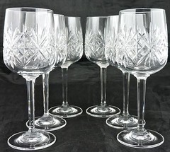 VINTAGE CUT GLASS OR CRYSTAL WINE COCKTAIL FAN CRISS CROSS SET 6 STEMWARE