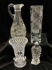 Lot Of Four 4 Pieces Crystal Bud Vase, Shaker, Toothpick Holder, Cruet (no lid)