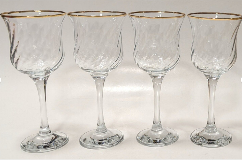 Set/4 Crystal Clear Industries Wine Water Goblet Swirl Optic Gold Rim 8oz 7 7/8″