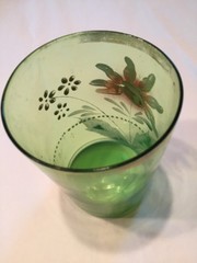 Antique Glass Green Applied Flower Detail Pinks Dotted Around juice Glass 3 7/8”