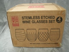 Vtg Bella Vino Etched Set of 4-18oz Stemless Wine Glasses Tumbler Crystal BV2006