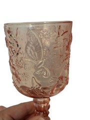 VTG Pink Pressed Glass Goblets Set 3 Butterfly Bunny Floral Cottagecore