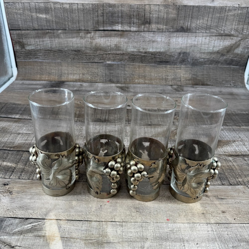 Vintage Metal Grapes Leaves Drinking Glasses Set