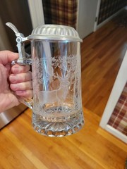 Etched Glass Stag Motif Tankard w/ Metal Lid- CUI Italy
