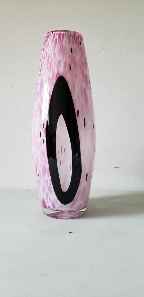 Murano Vase, 19 in. tall pink, white, black and clear. Hand blown no sticker