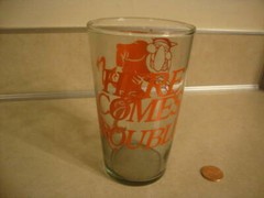 Vintage Drinking Glass Red Devil Satan Here Comes Trouble Mid Century Pitchfork