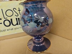 Stunning Blue Glass Pedestal Jar Floral Gold Trimmed 12″ Tall **SEE PICS**