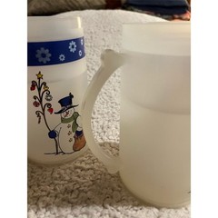 Libbey Snowman Holiday Glass Mugs Set of 2 with Blue Floral Band frosty drinks