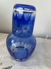 Vintage Bohemian Glass Cobalt Blue Cut to Clear – 2pc Guest Water Set Tumble Up