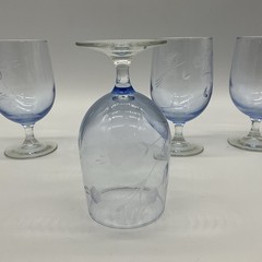 4 Water Goblets, Light Blue, Clear Stems, Etched Floral W/ Humming Birds 6 1/4”