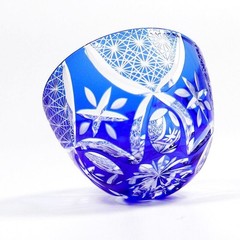 Blue Edo Kiriko Glass Cup Small Shot Glasses For Sake Handmade Cased Glass 1.5oz