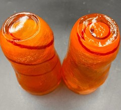 Set of 2 Orange Tumblers Hand Blown Orange w/Red Swirl MCM Textured 6.75″H