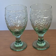 Vintage Libbey Orchard Fruit Spanish Green Thick Pedestal Water Goblets Set Of 2