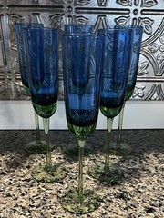 Lot Of 6 Vintage Block FESTIVAL BLUE GREEN Two Tone Champagne Flutes: Poland