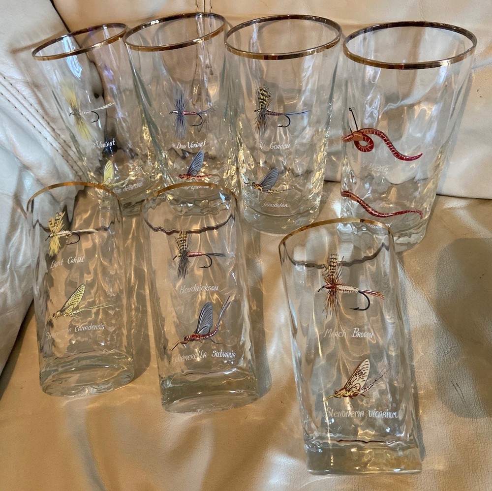 Vtg Set of 7 Hand Painted Highball Glasses Fly Fishing Lures Scientific Names