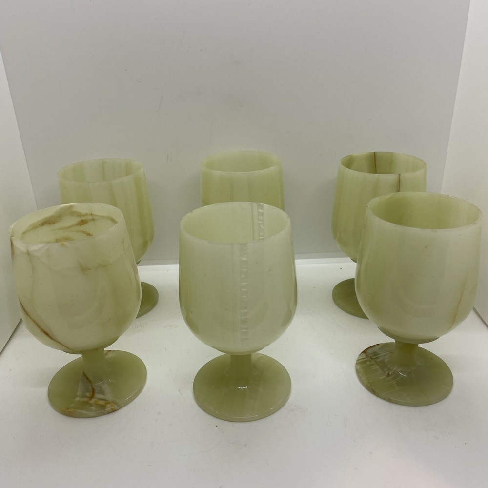 Onyx Marble 5” Green Goblets Set of 6 Hand-Carved Stone Wine Goblets Vintage