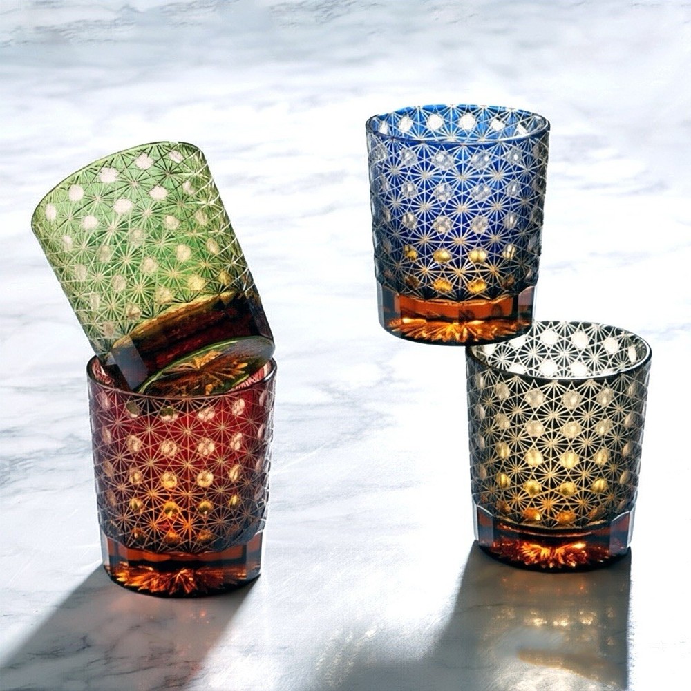 Set of 4 Edo Kiriko Crystal Whiskey Glasses 8.5oz, Hand-Cut Japanese Tumblers