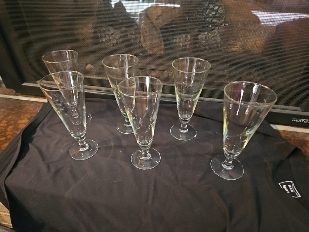 Vintage Pilsner glass with etched leaves and flowers