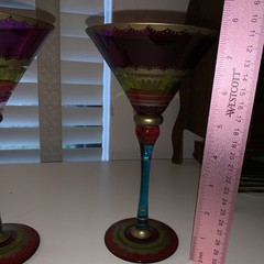 Pier 1 Festive Hand Painted Jewel Tones 2 Martini Glasses Magenta, Teal, Gold