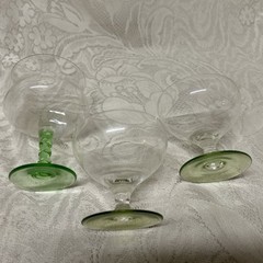 Green Base Glasses Lot Depression VASELINE GLASS 3 PIECES Blown Glass