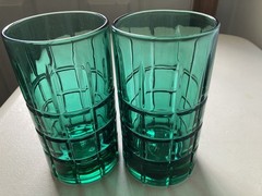 2 Vintage Anchor Hocking Tartan Plaid Emerald Green Square Tumbler Drinking Glas