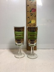 MT1099 Set Of 2 Small Vintage MCM Culver Starlyte Cordial Glasses Gold & Green