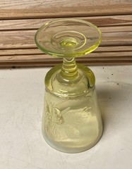 Vtg LG Wright Strawberry Currant Footed Goblet Vaseline Opalescent Glows 6 1/4″