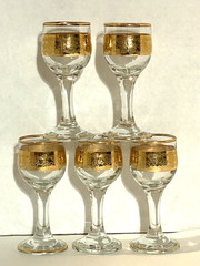 Vintage Triple Gold Rim Stemmed Cordial Liqueur Glasses, Set of 5 Barware 4 3/8″